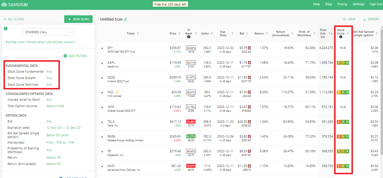 Stock Score Filters and Column